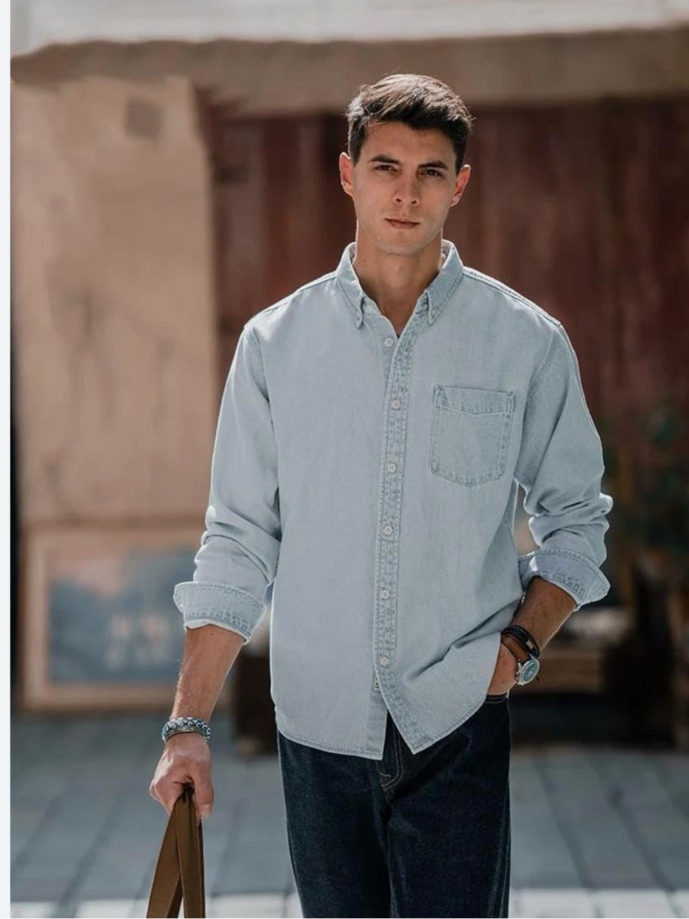 Light Blue Denim Button-Down Shirt - Casual Men's Shirt